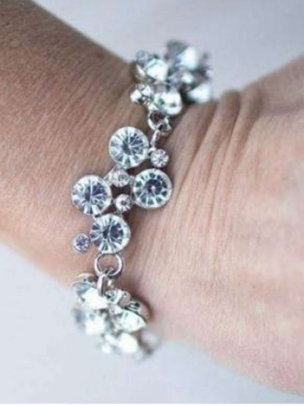 New! Old Hollywood Silver Crystal Cluster Bracelet Clear Rhinestone Adjustable